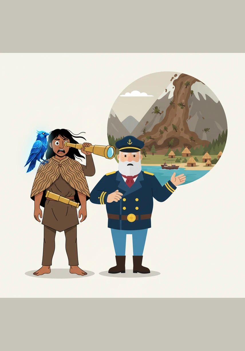 To thank him, the captain gives Kye a magic tube made of brass that makes far-away things look very close. Through the glass, Kye sees a massive wall of mud and trees starting to slide down the mountain toward his village.