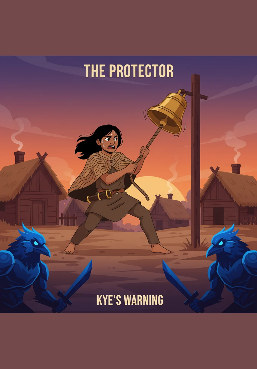 Kye uses the strangers' loud iron bells to wake the village while the sailors help move heavy logs to divert the mud. Together, the two groups work as one to protect the homes and the sacred cedar grove.