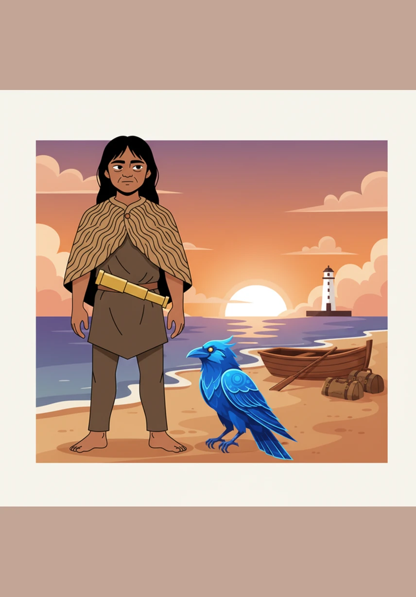 As the sun sets, Kye looks at the new iron tools and his old cedar carvings, realizing that change has come. He promises the Great Raven that he will use these new gifts to keep the land strong for many years to come.