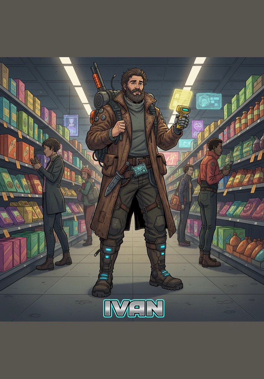 Иван отива до близкия супермаркет, за да купи храна. Той си взема прясна баница, кисело мляко и сирене за вечеря. Продавачката го поздравява любезно с добър ден.