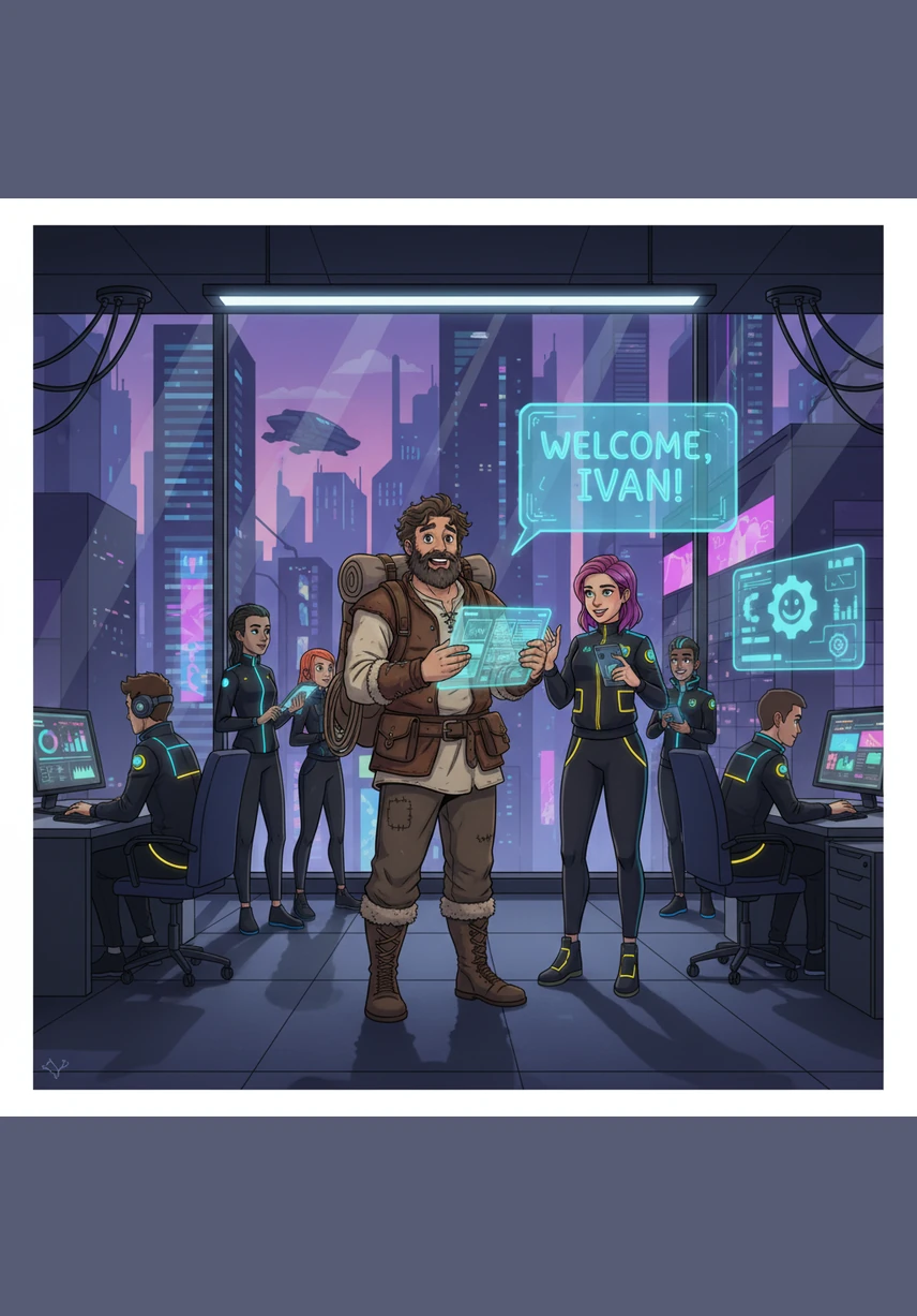 Днес е първият работен ден на Иван в модерен офис в центъра. Той се запознава с новите си колеги и пие кафе с тях. Всички са много мили и му помагат да се чувства добре.