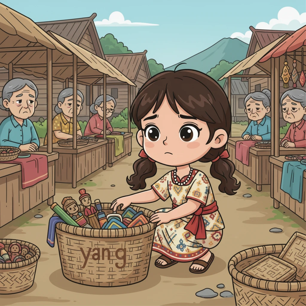 Laras memperhatikan para tetangga yang menjual kerajinan tangan tradisional di pasar kecil. Mereka tampak lesu karena dagangan mereka kurang diminati. Laras merasa sedih dan berpikir keras, "Bagaimana caranya agar lebih banyak orang mengenal keindahan Kerinci?"