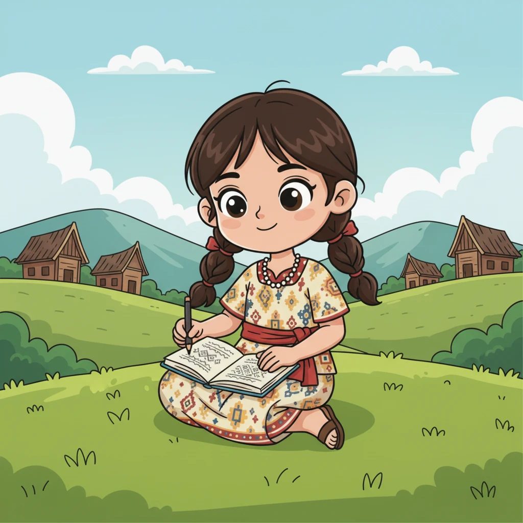 Dengan semangat, Laras mengeluarkan buku sketsa kecilnya. Ia mulai menggambar motif-motif tradisional Kerinci yang indah, seperti motif kain tenun. Ia ingin menciptakan produk baru yang menarik perhatian, namun tetap menghargai warisan budaya.