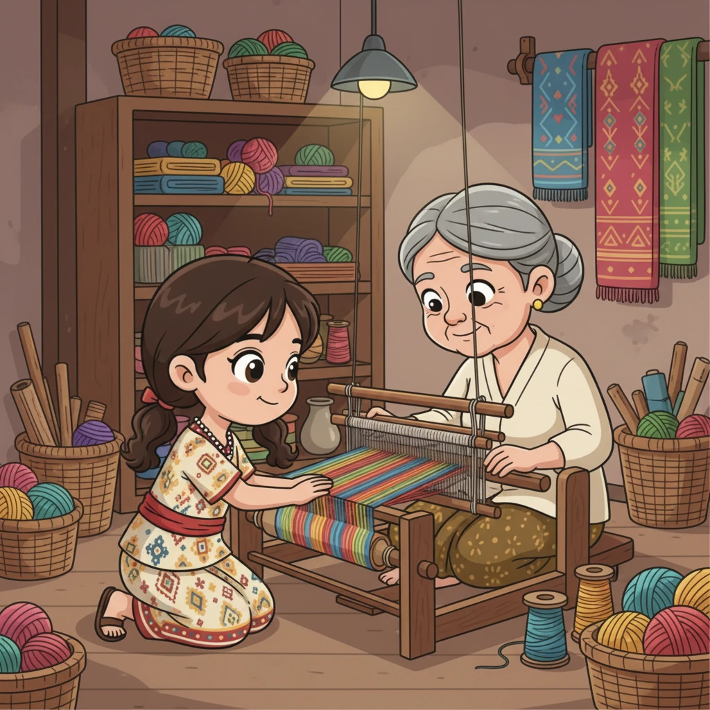 Laras segera menemui Nenek Sari, penenun tertua di desa. Nenek Sari dengan sabar mengajari Laras tentang makna di balik setiap benang dan motif Kain Kerinci. Laras mendengarkan setiap cerita dengan penuh kekaguman.