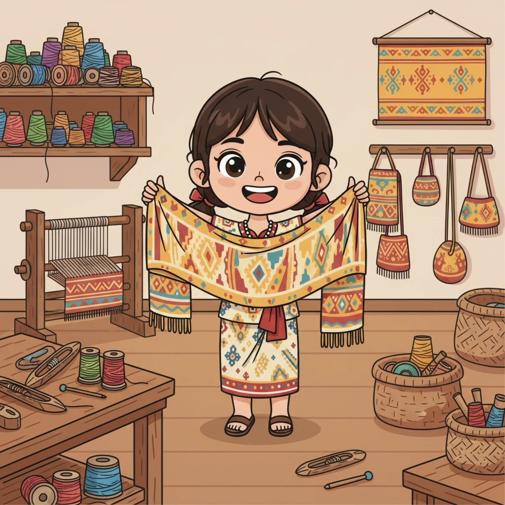 Dengan bantuan Nenek Sari, Laras mulai mencoba membuat produk-produk kecil dengan sentuhan modern. Ia membuat syal cantik, dompet mungil, dan hiasan dinding, semuanya dihiasi motif Kain Kerinci yang cerah dan unik. Hasilnya sangat memukau!