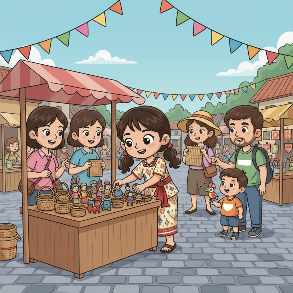 Desa mereka akhirnya mengadakan pasar seni kecil yang meriah. Produk-produk Laras dan teman-temannya dipajang dengan indah. Para wisatawan yang kebetulan lewat sangat tertarik dengan keunikan dan cerita di balik setiap kerajinan.