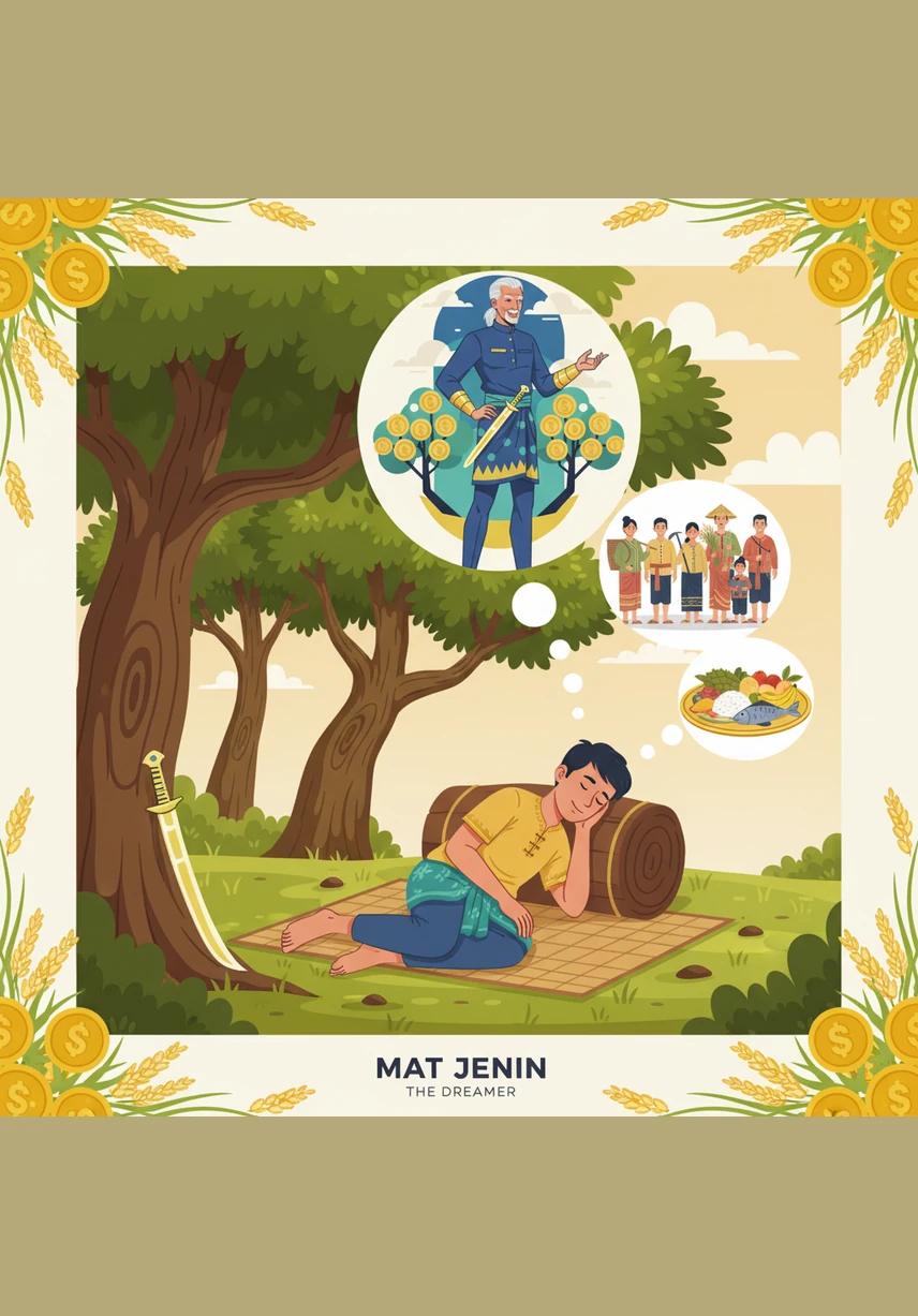 In a lush, green village, a young man named Mat Jenin often sat beneath the shade of ancient trees. While others worked the fields, he gazed at the drifting clouds, his mind filled with visions of a grand and prosperous future.