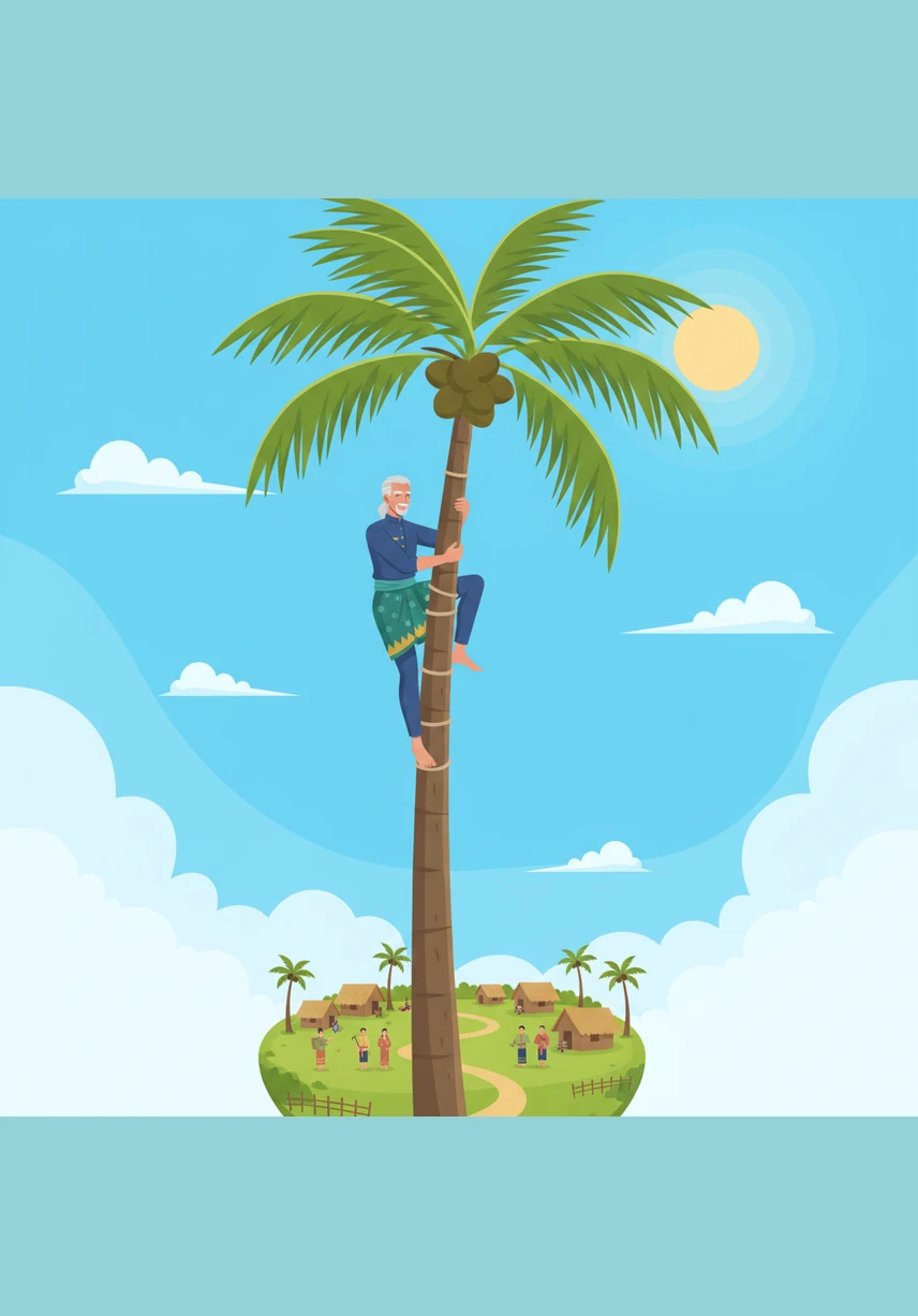 One sunny morning, Mat Jenin decided to climb the tallest coconut tree in the village to gather fruit. With his feet tucked into a rope and his hands gripping the rough trunk, he ascended higher and higher until the village below looked like a small toy set.
