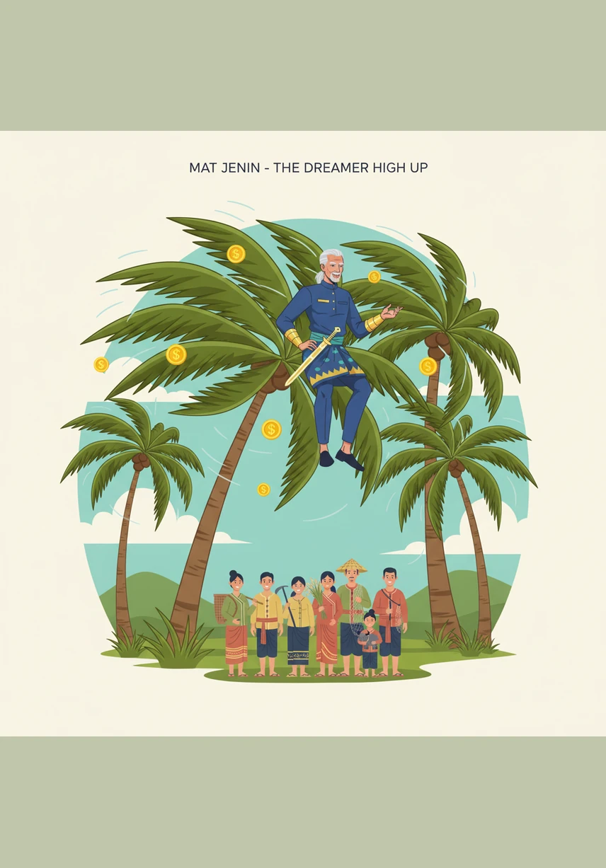 High among the swaying palm fronds, Mat Jenin began to daydream as he plucked the heavy coconuts. He imagined selling each one for a silver coin, and using those coins to buy a flock of chickens that would lay eggs of opportunity.