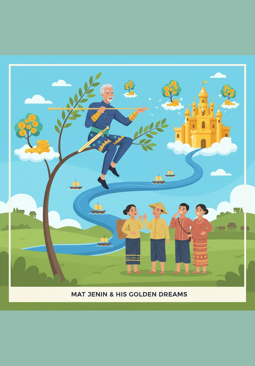 His imagination soared even higher as he pictured himself wearing silk robes and living in a magnificent house with a wide veranda. He gestured wildly with his hands, acting out the role of a wealthy merchant while perched precariously on a thin branch.