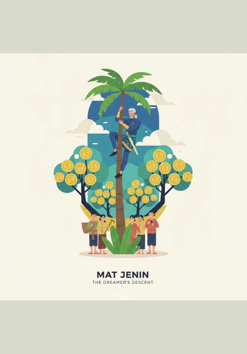 Instead of falling, Mat Jenin gripped the tree tightly and carefully descended to the ground with a full basket of coconuts. He did not go back to his daydreams; instead, he headed straight to the market to make his very first sale.