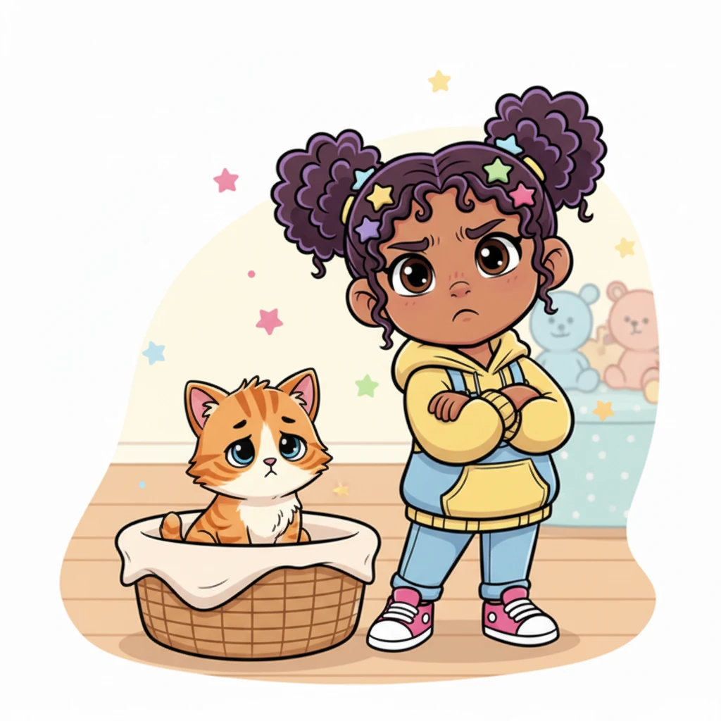 Little Estrella, with a slightly grumpy face, received a tiny, fluffy kitten as a surprise gift. She didn't like cats at all, and the poor kitten looked confused and a bit sad in its new basket.