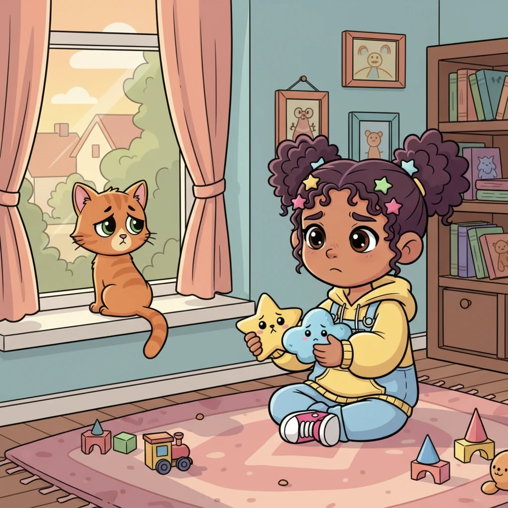 Back in Estrella's room, the cat sat by the window, looking out with a mournful expression. It ignored the toys Estrella offered, clearly missing its new family and making Estrella's heart ache.