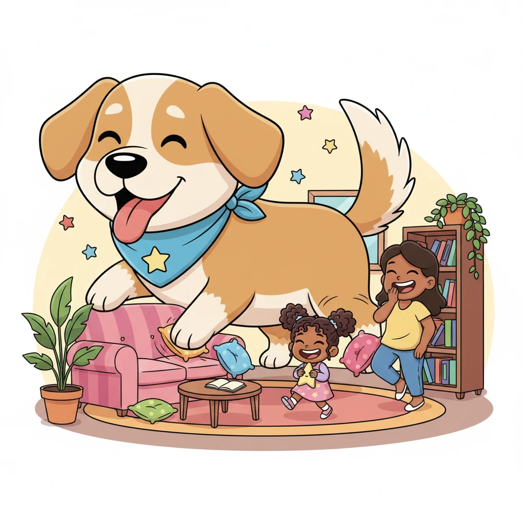 Coffe grew into an enormous, playful dog, barely fitting into their cozy apartment. He would comically bump into furniture, making Estrella and her mom laugh as they tried to navigate around him.