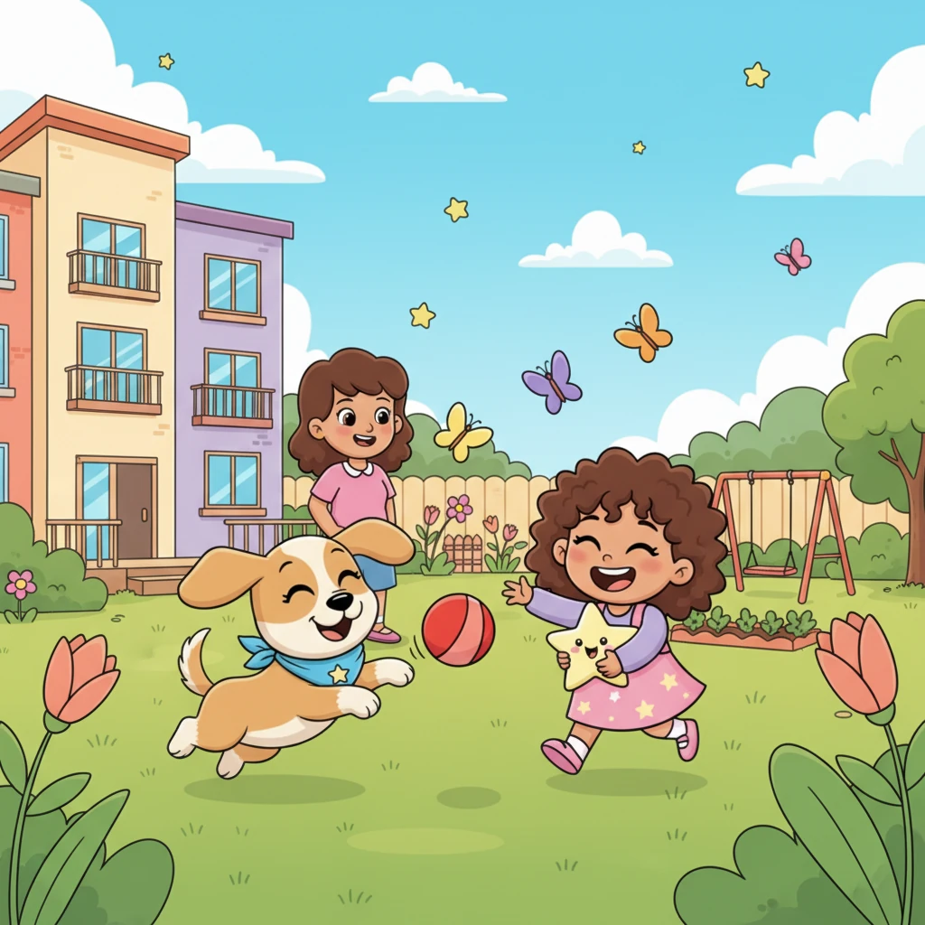 Finally, Estrella, Coffe, and her mom moved into a wonderful new apartment with a massive, vibrant green backyard. Coffe and Estrella joyfully chased butterflies and played fetch under the sunny sky, living happily ever after.