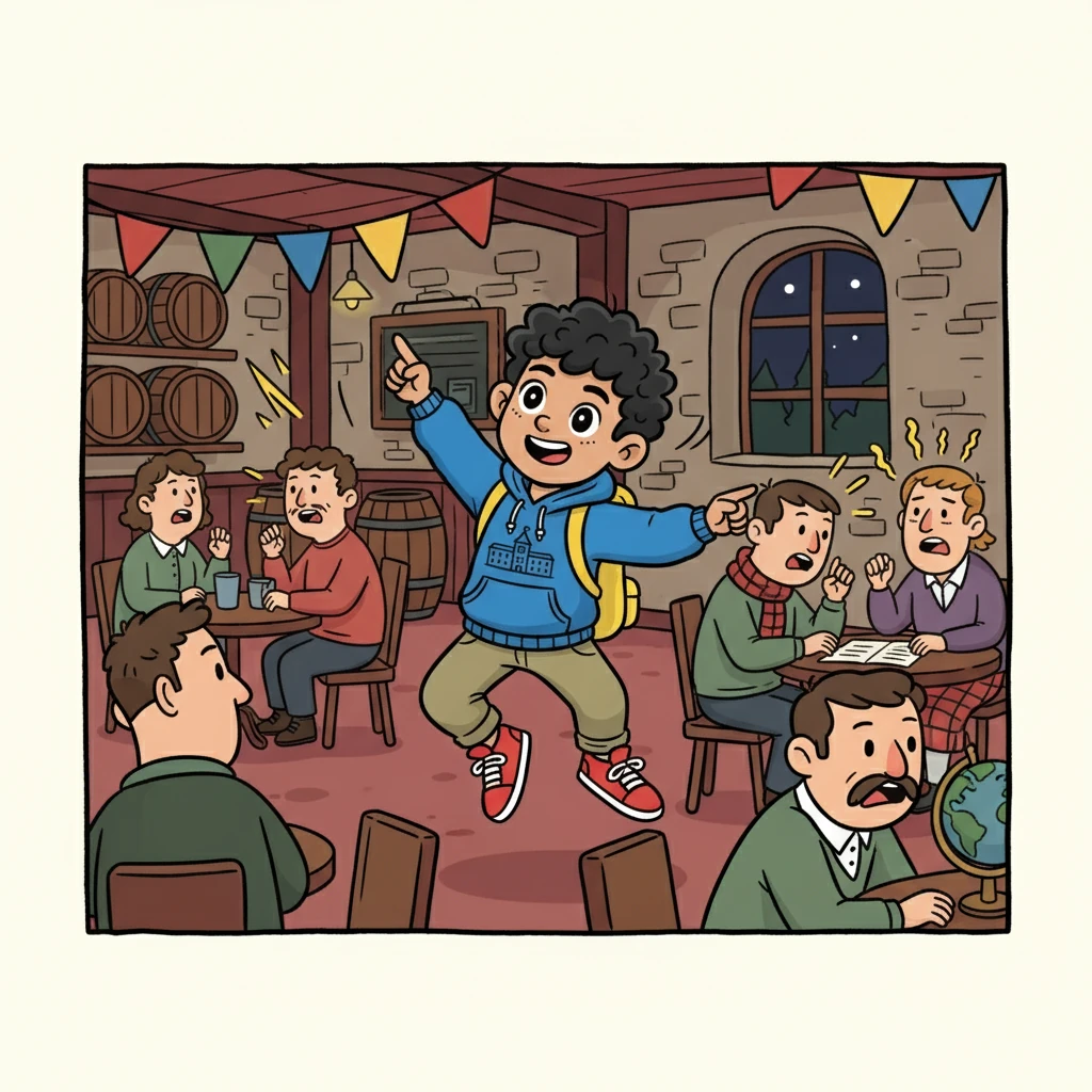Next, Kai was whisked away to a vibrant Scottish pub in 2014, surrounded by heated debates about the Independence Referendum. The energy was electric!