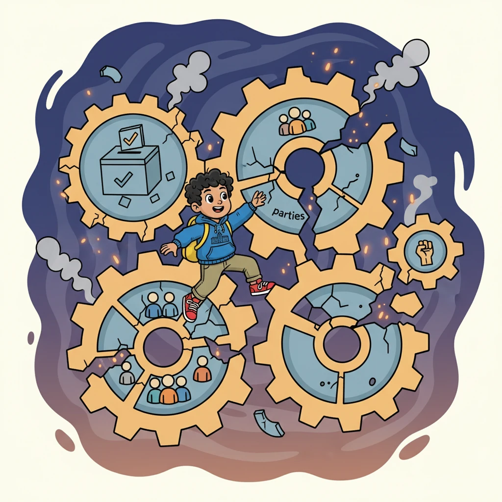Kai had a vision of a giant machine, the 'Mandate Machine,' with cogs representing votes, parties, and activism. It was broken!