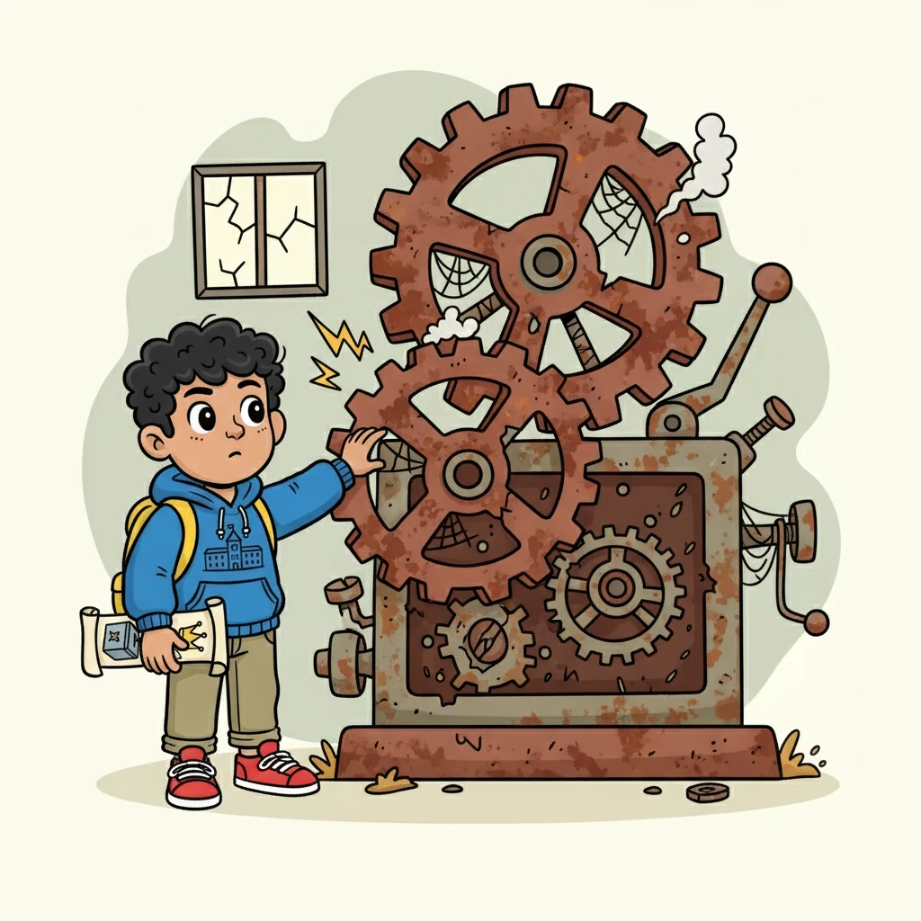 He saw the broken machine. The cogs were rusty, the gears were grinding, and the whole thing was falling apart.