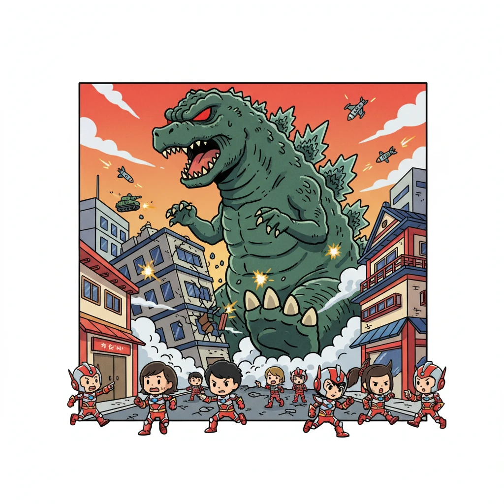 ゴジラの出現に、街は大パニックに陥った。人々は逃げ惑い、建物の倒壊が始まる。自衛隊の攻撃も、ゴジラの分厚い皮膚には全く効果がない。