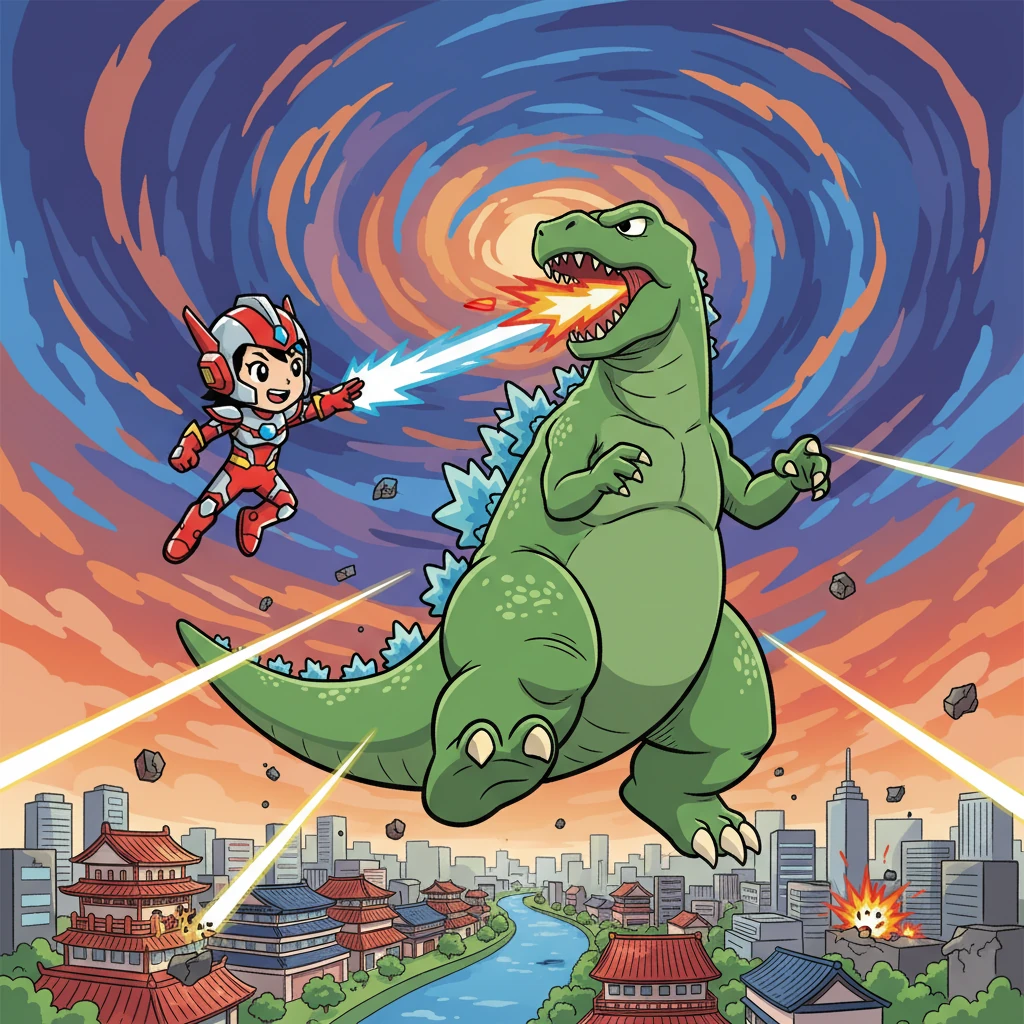 ウルトラマンは、ゴジラと激しい空中戦を繰り広げた。光線と放射熱線の応酬。街の上空で、二つの巨体が激しくぶつかり合う。