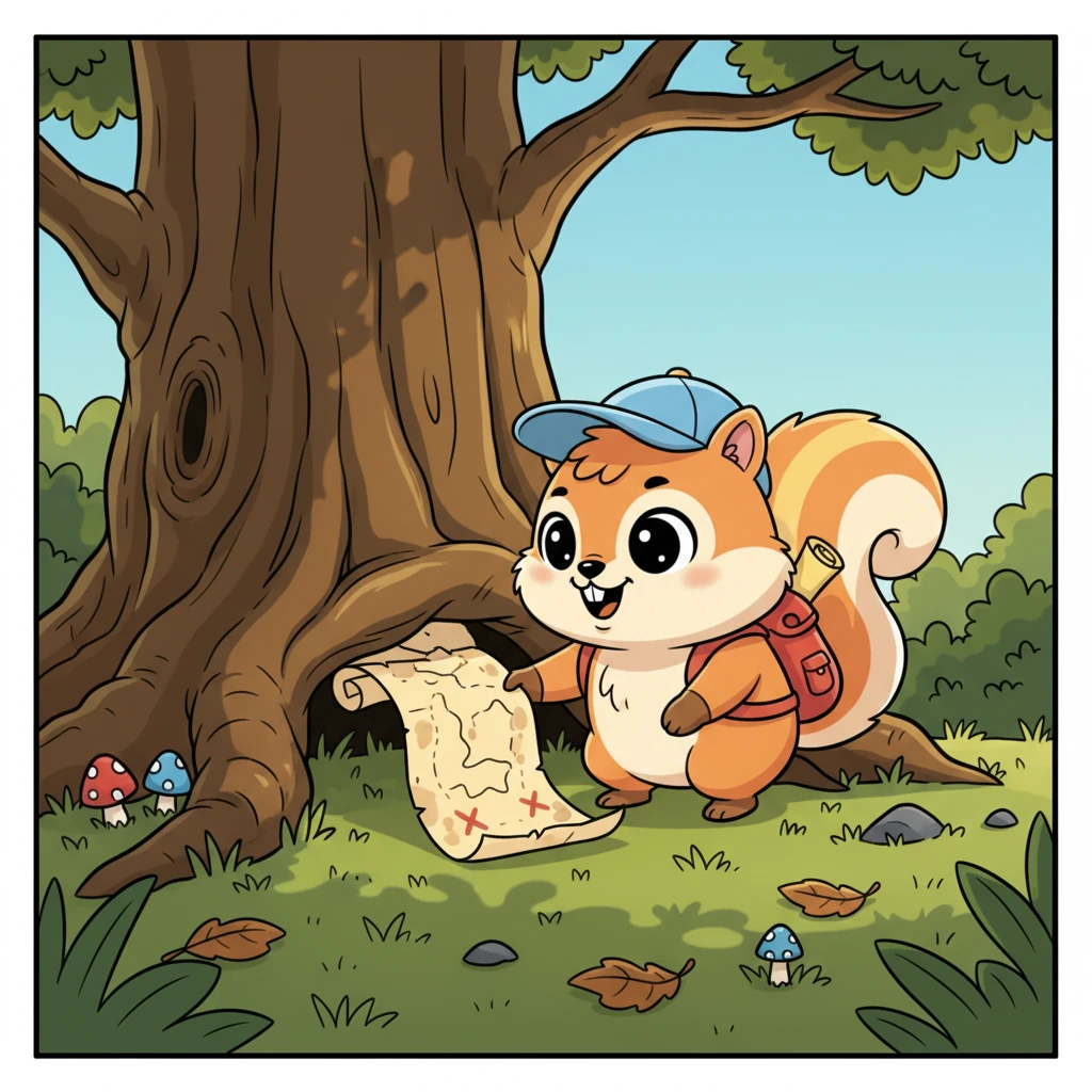 Pip, a tiny squirrel with big, bright eyes, discovers a rolled-up, dusty map hidden beneath an ancient oak tree root. Its edges are crinkled and worn, hinting at old secrets.