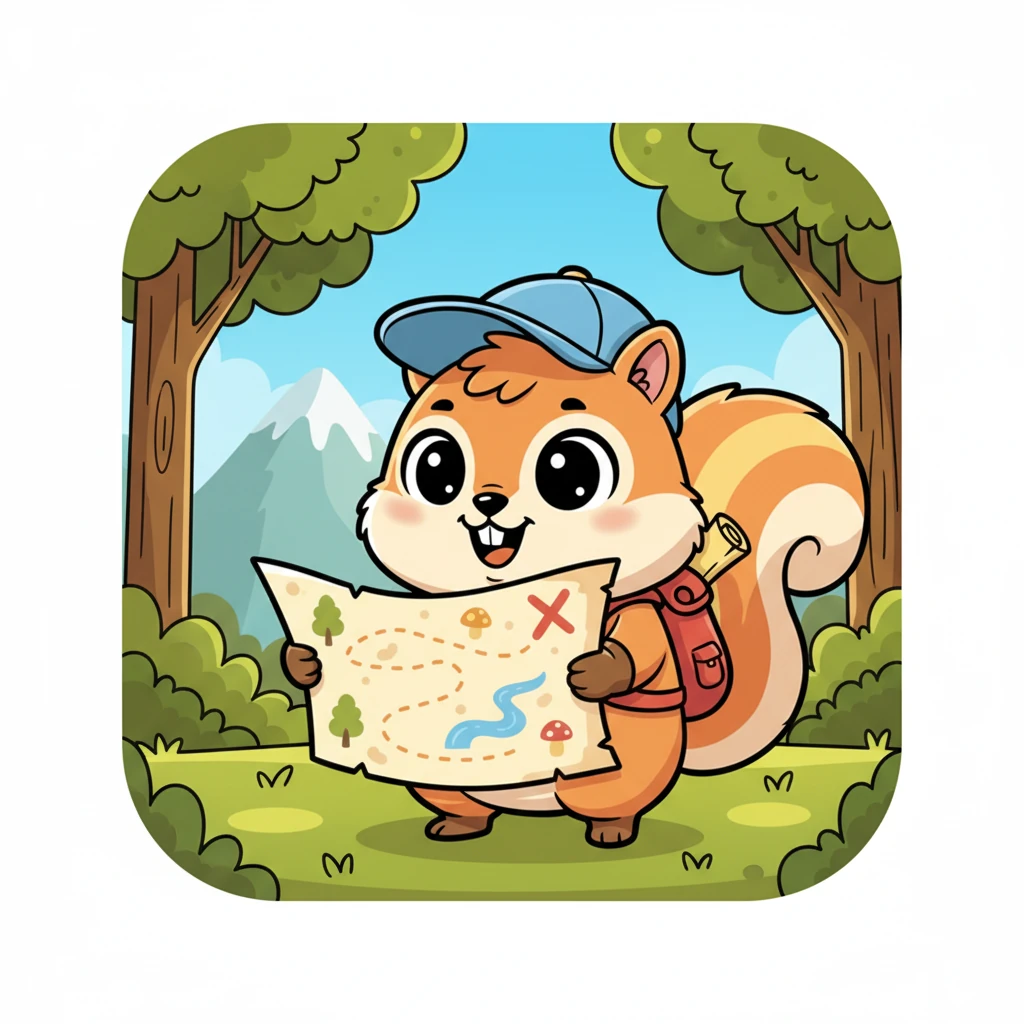 Pip unrolls the map, his whiskers twitching with excitement. It shows a winding path through the forest, marked with whimsical symbols, leading to a big red 'X'. His heart beats with anticipation for adventure.