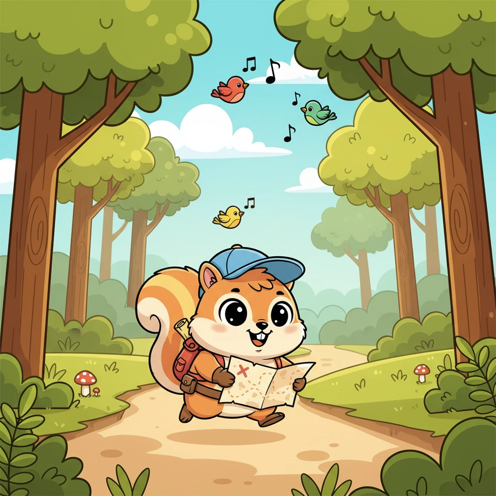With a determined bounce, Pip sets off into the sun-dappled forest, following the winding path on his map. Birds chirp a cheerful tune as he scurries past tall, friendly trees.
