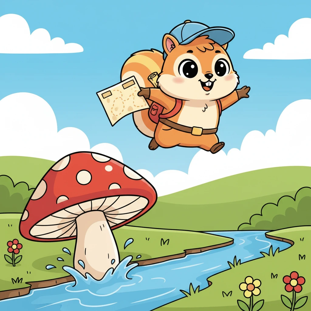 The map leads Pip to a gurgling brook, too wide to leap. He spots a large, sturdy mushroom on the bank and, with a brave leap, uses it as a bouncy stepping stone to cross to the other side.
