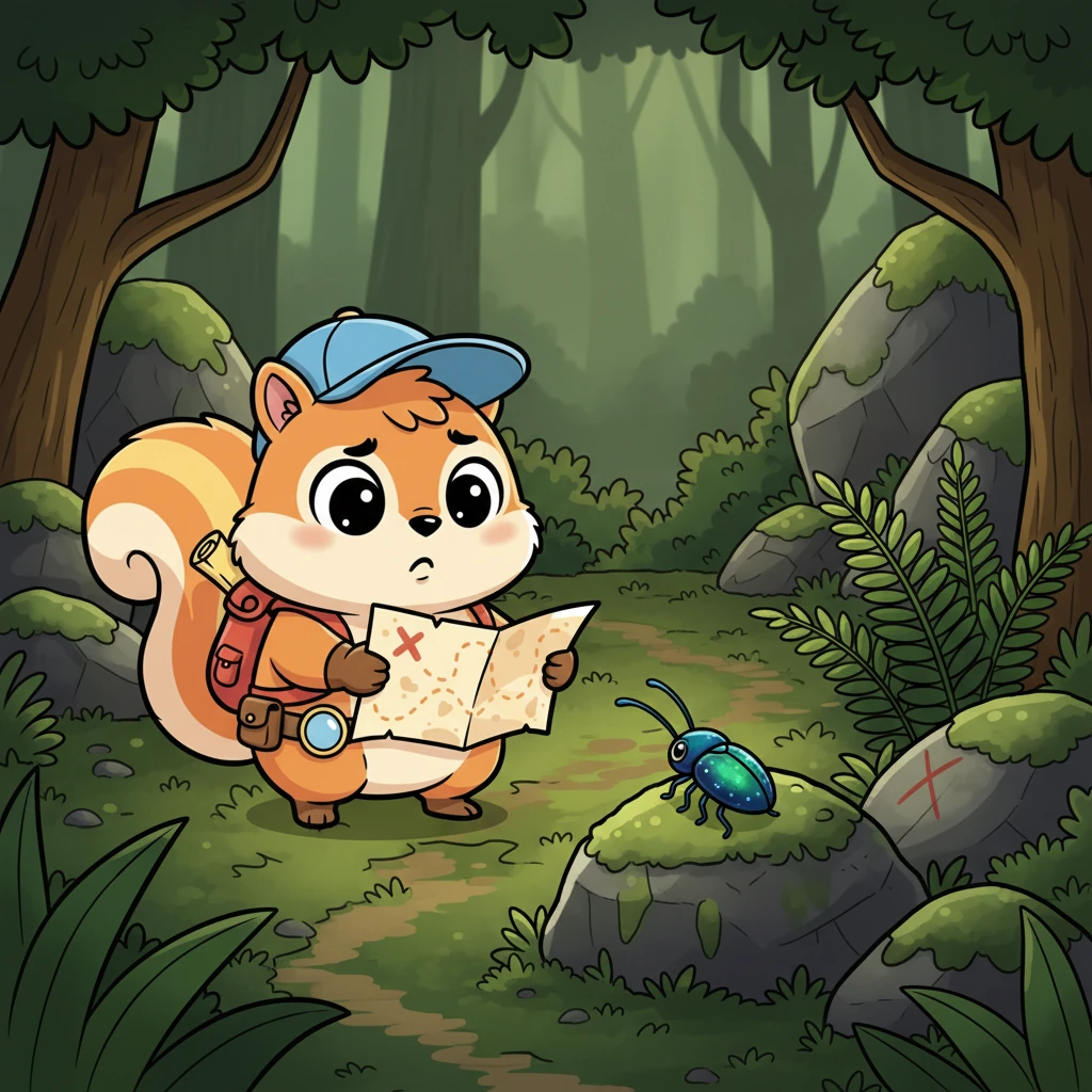 Deeper in the woods, the path grows faint. Pip feels a little lost, but then he spots a shimmering beetle crawling on a mossy rock, pointing a tiny antenna towards a hidden trail the map also showed.
