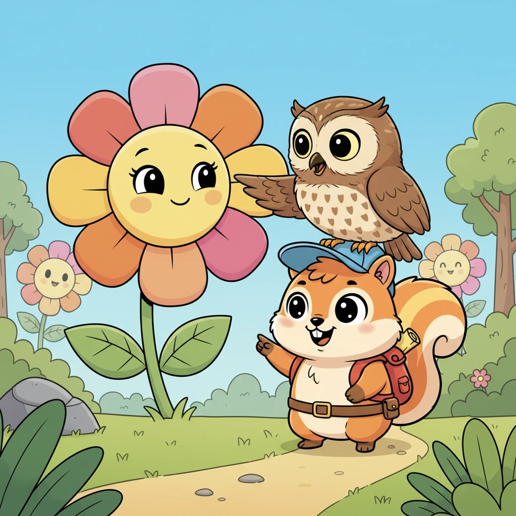 Pip continues his journey, and near a giant, smiling flower, he meets Ollie the Owl, who has wise, sparkling eyes. Ollie hoots softly, sharing a helpful hint about the tricky path ahead, guiding Pip with a gentle wing.