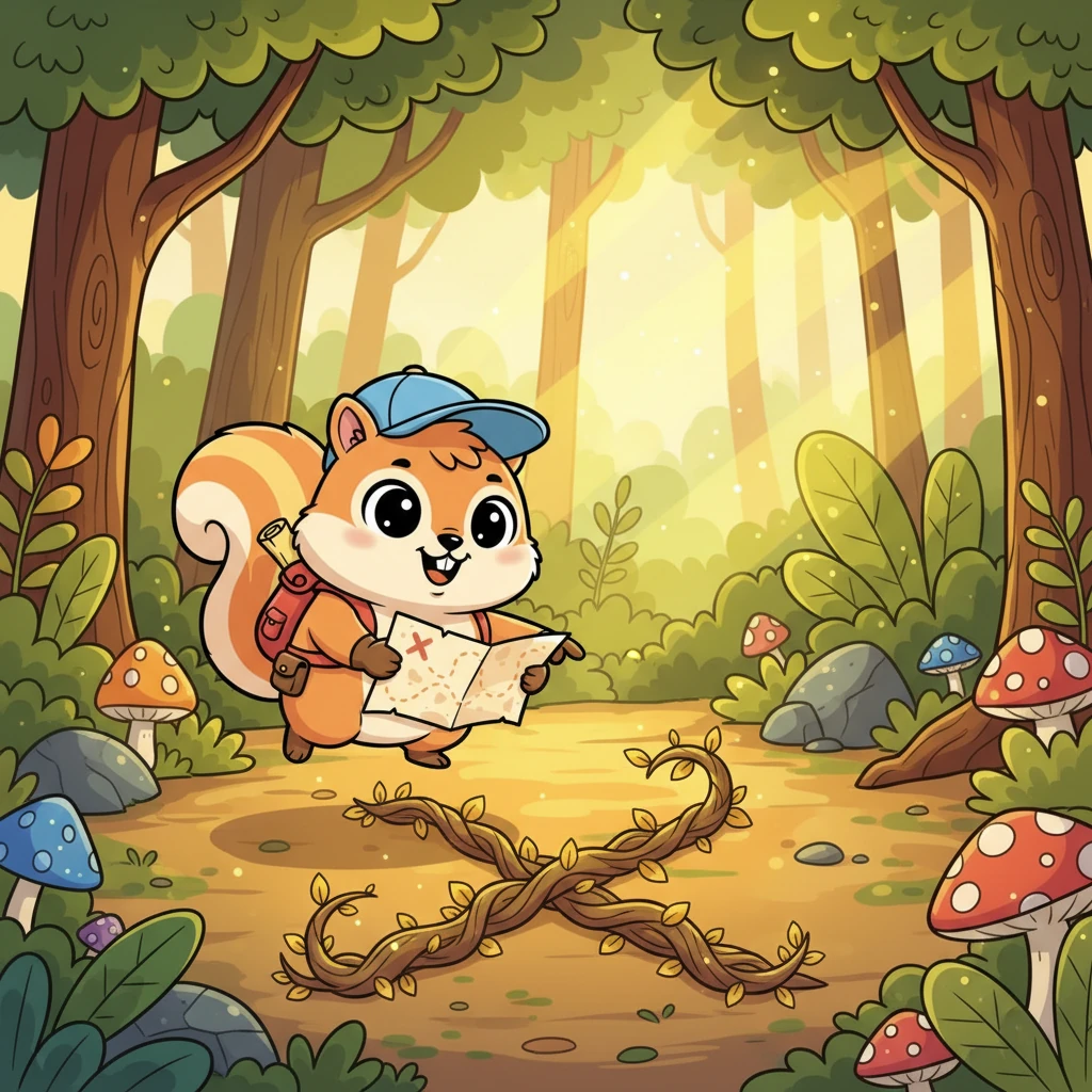 Finally, after much scurrying and exploring, Pip arrives at a clearing bathed in golden light. Right in the center, marked by a peculiar, twisted vine, is the exact 'X' from his map!