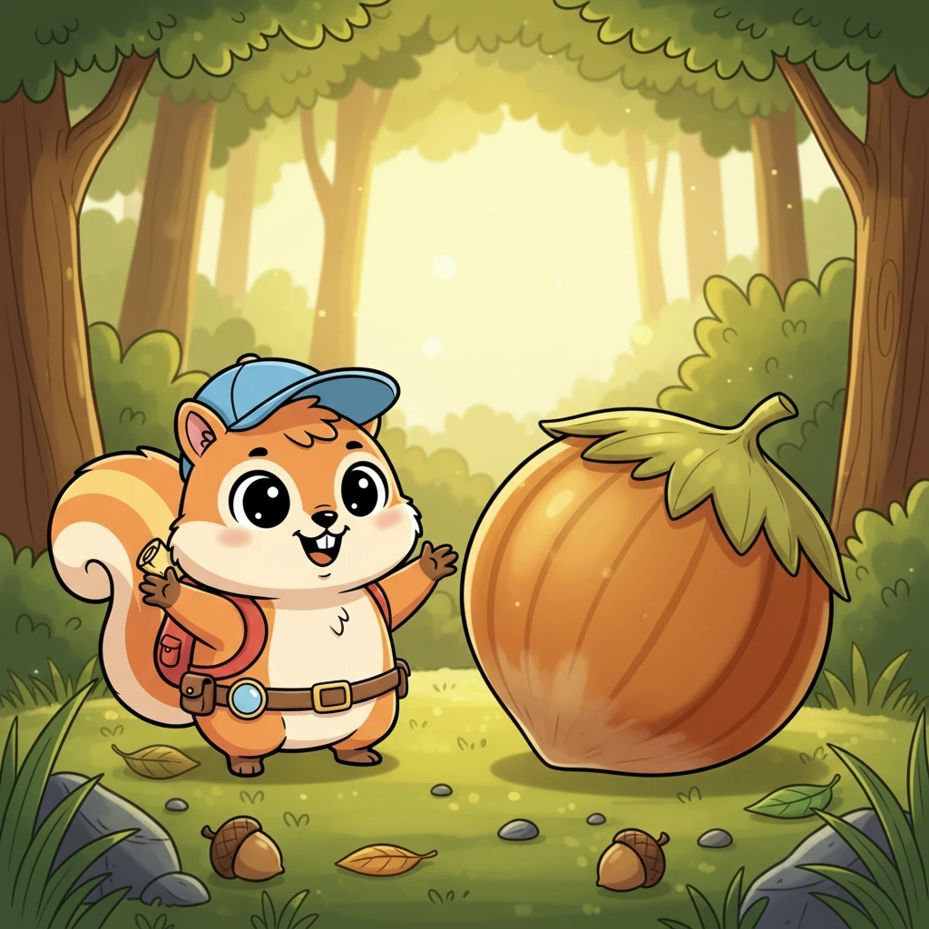 Not gold or jewels, but a gigantic, perfectly ripe hazelnut, bigger than Pip himself! He beams with joy, knowing this treasure is even better, and dreams of sharing his delicious find with all his forest friends.