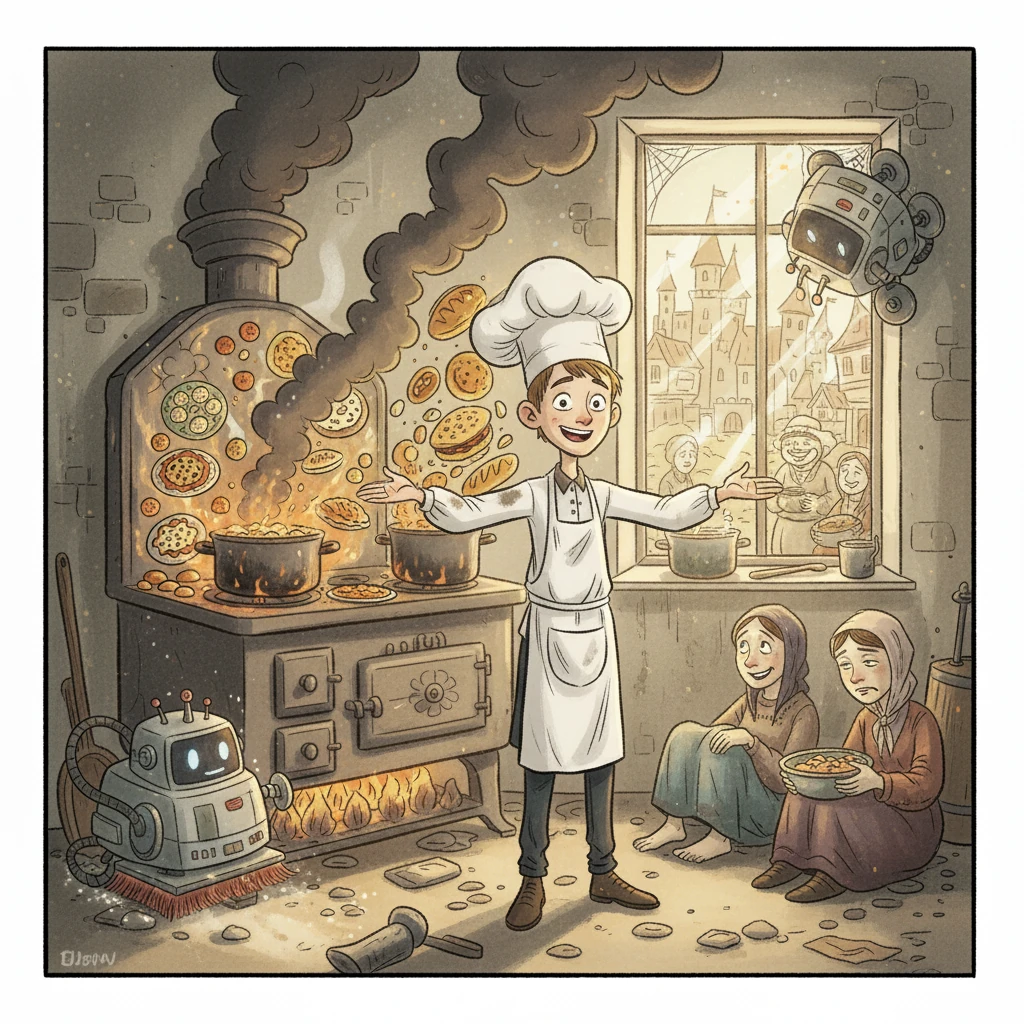 Тим, вдохновленный, решил испытать волшебные устройства. Он приготовил вкуснейший обед для всех жителей королевства. А робот-мойщик быстро и эффективно убрал всю пыль и грязь, сияя чистотой окна.