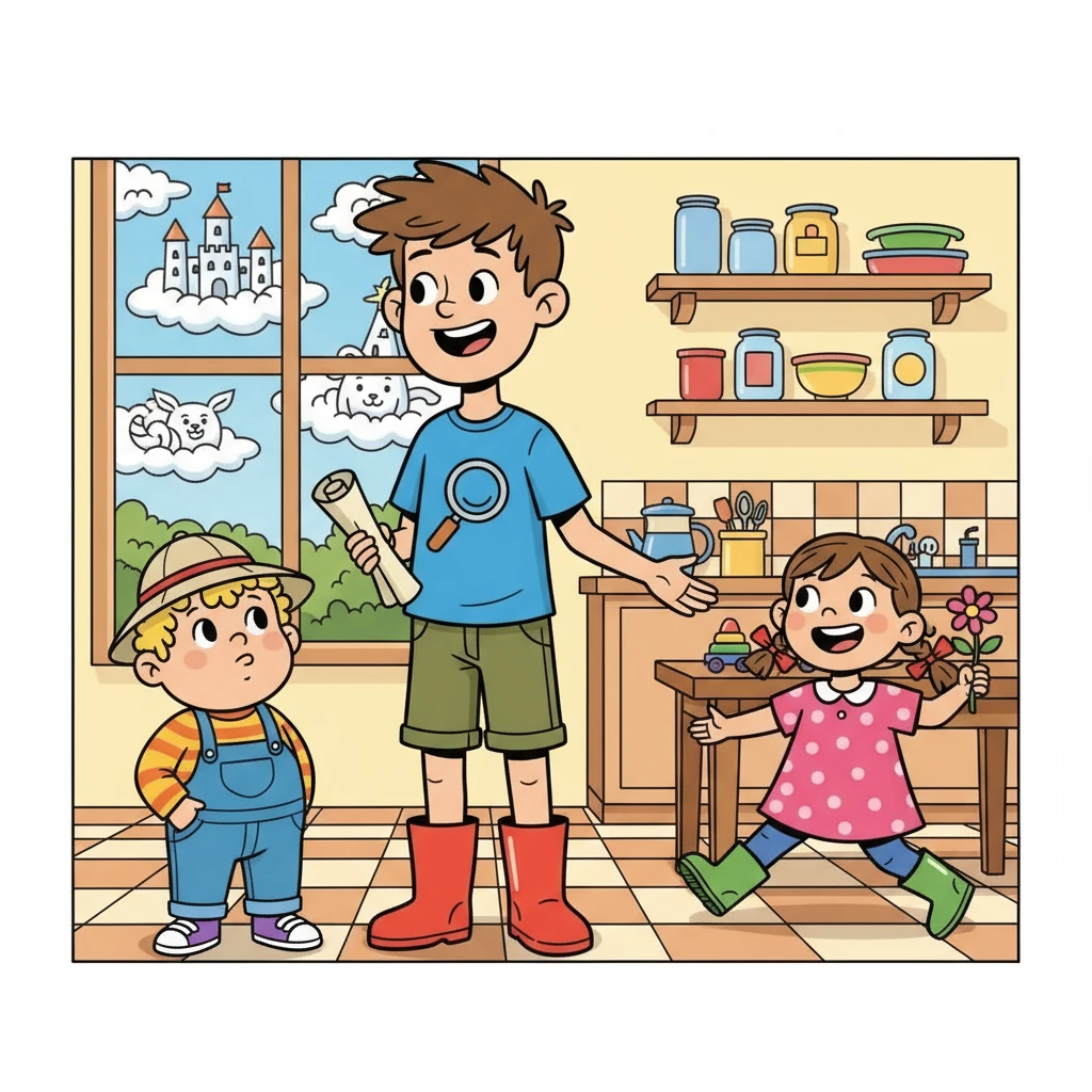 Teo, pětiletý snílek, se zamyslel nad tím, co se děje v oblacích. Vladan ho povzbudil, aby se přidal ke hře, ale Teo raději pozoroval mraky. Do kuchyně vběhla Sára, dvouapůlletá rošťanda, s úsměvem od ucha k uchu.