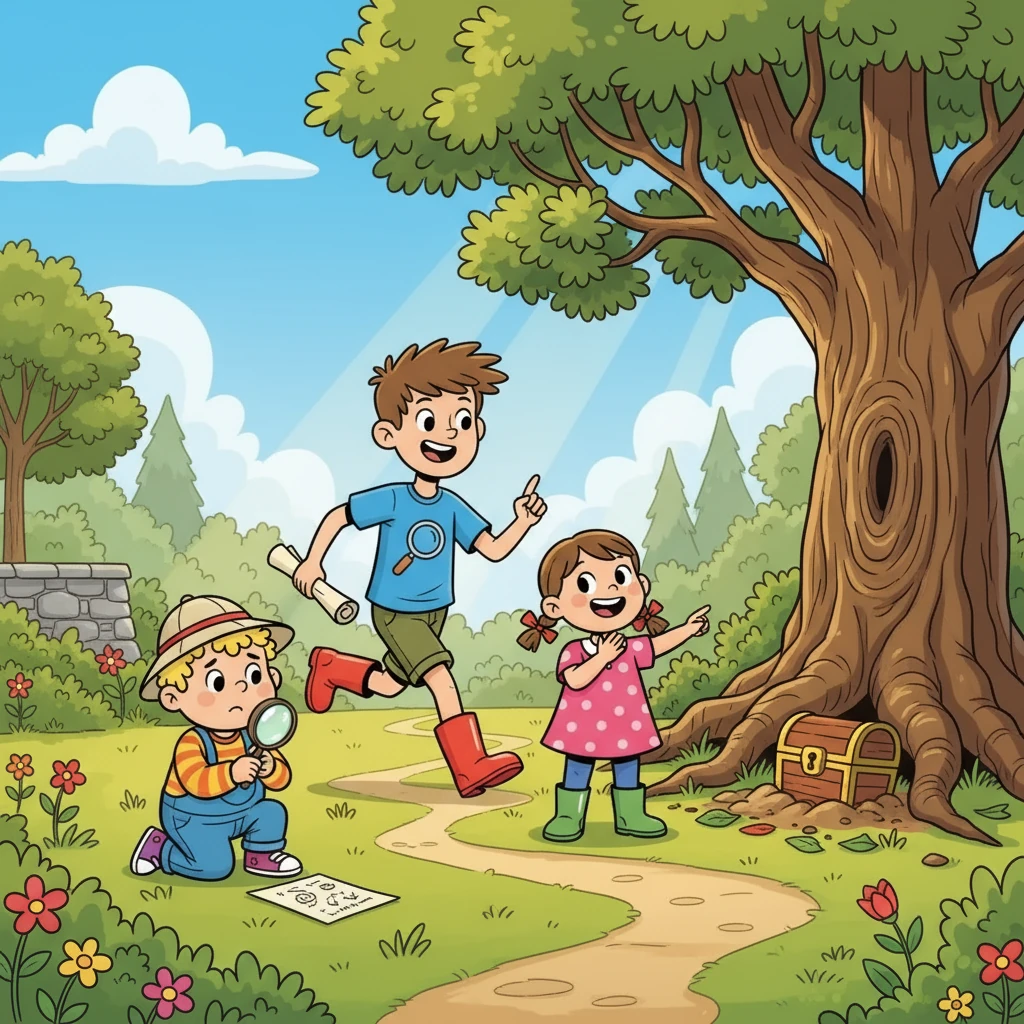 Na zahradě se sourozenci pustili do hledání pokladu. Vladan běhal a hledal indicie, Teo luštil hádanky a Sára se s nadšením zapojovala do všech aktivit. Nakonec poklad objevili pod starým dubem.