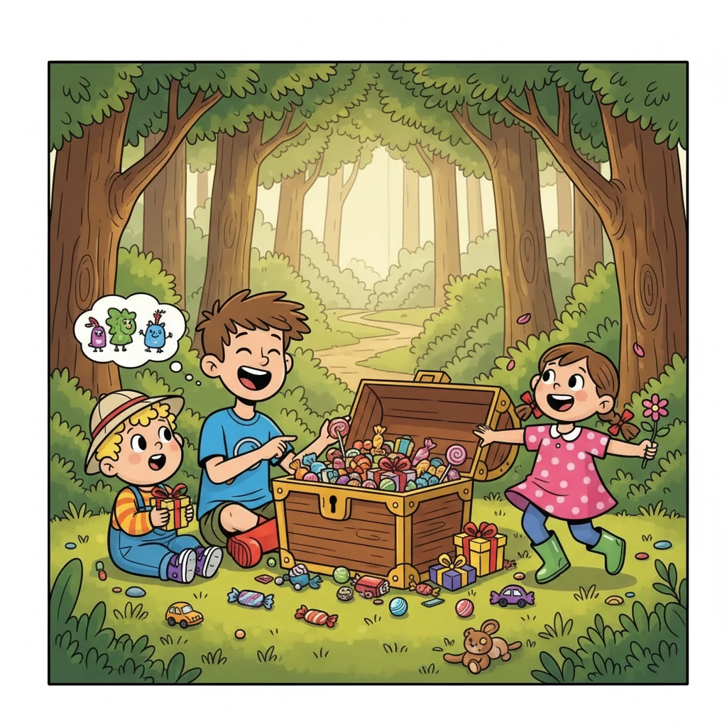 Pokladem byla truhla plná sladkostí a malých dárečků. Sourozenci se podělili a šťastně se usadili, aby si pochutnali na odměně. Vladan se smál, Teo vyprávěl o svých představách a Sára tancovala.