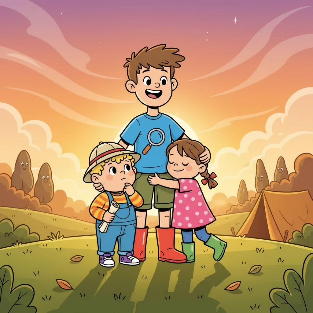 Den se chýlil ke konci a sourozenci se objali, plní štěstí. Vladan si uvědomil, jak je důležité mít rodinu a přátele. Teo se těšil na nové myšlenky a Sára usnula s úsměvem na tváři, snící o dalších dobrodružstvích.