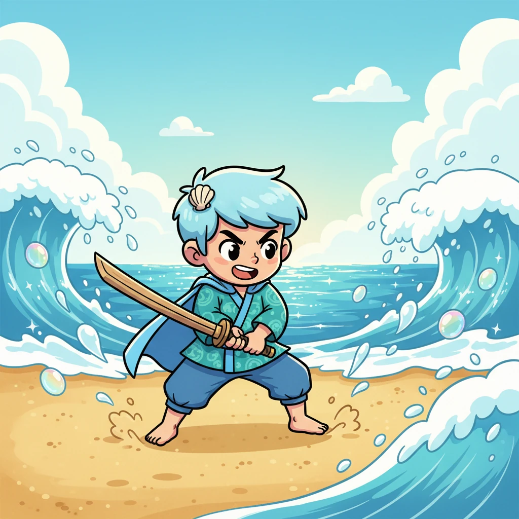 Young Kojiro, a spirited boy with a wooden sword, stood on the sandy shore, practicing his swings with boundless energy. He imagined the vast ocean waves as his grandest opponents, each splash a challenge to his growing skill. Though small, his determination was as vast as the sea.