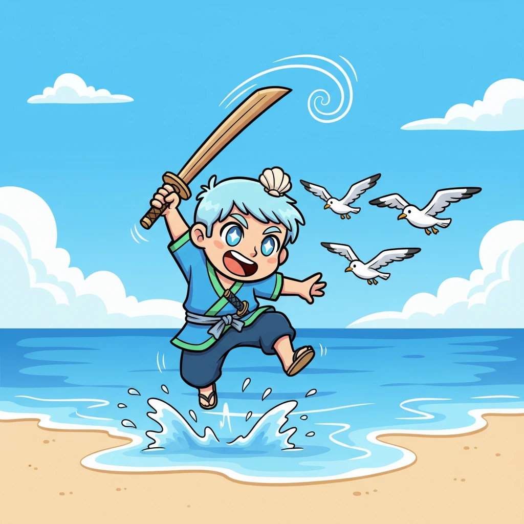 Kojiro dreamed of becoming the greatest swordsman, not just in his village, but perhaps even against the mightiest forces of nature. He'd leap and twirl, his little wooden sword whistling through the air, chasing seagulls and the retreating tide. Every day was an adventure, a step closer to his dream.