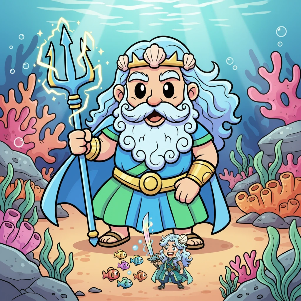 Far beneath the shimmering surface, the magnificent Sea God Poseidon watched with a curious grin. He was a colossal figure with a flowing beard and a trident sparkling with ocean magic, but his heart was playful. He admired Kojiro's spirit and wondered what fun a little human could bring.