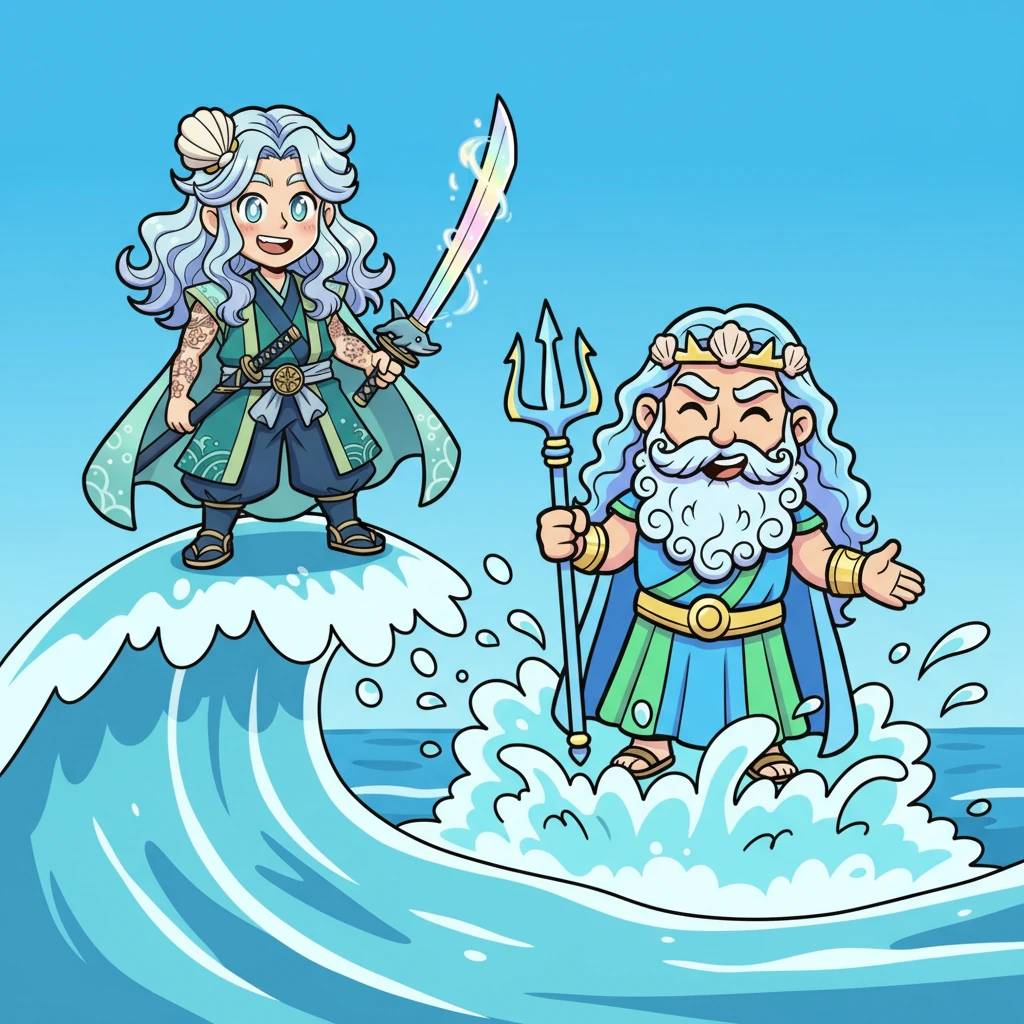 With a mischievous splash, Poseidon rose from the waves, his grand presence softened by a friendly smile. He gently challenged Kojiro, not to a battle, but to a 'wave-wrestling' contest, a playful dance of agility and balance against the ocean's gentle might. Kojiro's eyes widened with surprise and excitement.