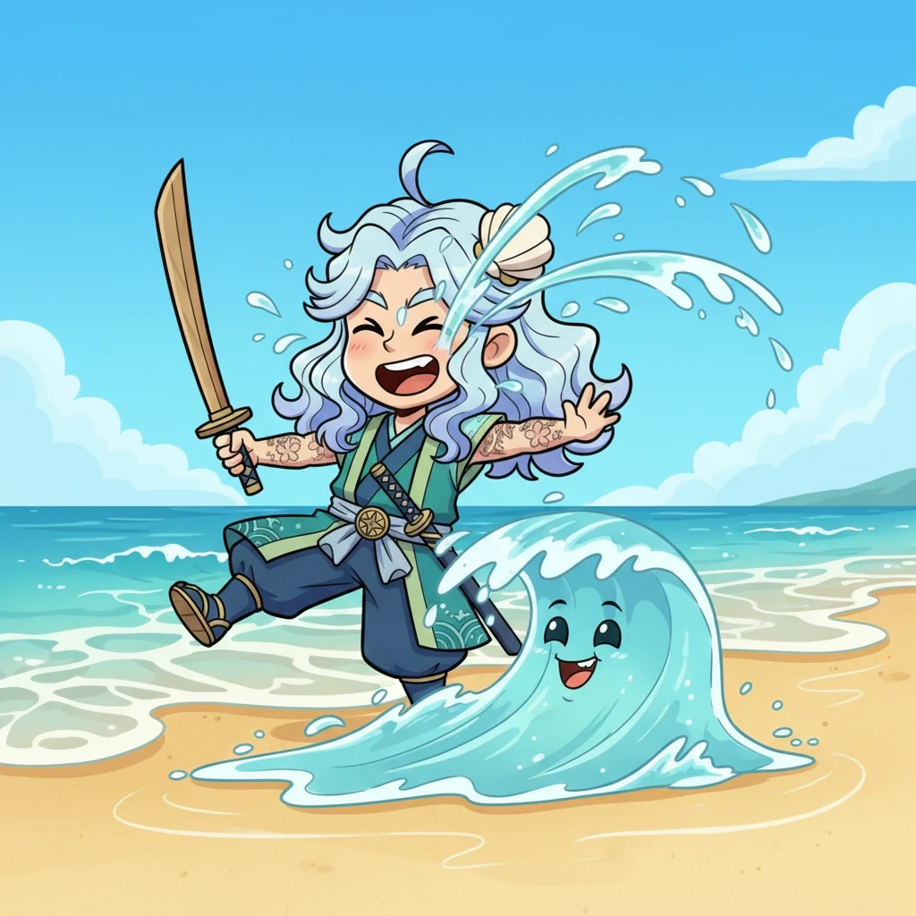 The first 'round' began, and Kojiro dashed towards a frothy wave, attempting to 'cut' it with his wooden sword. But the wave simply giggled, breaking around him and playfully splashing his face, sending him tumbling into the wet sand with a happy squeal.