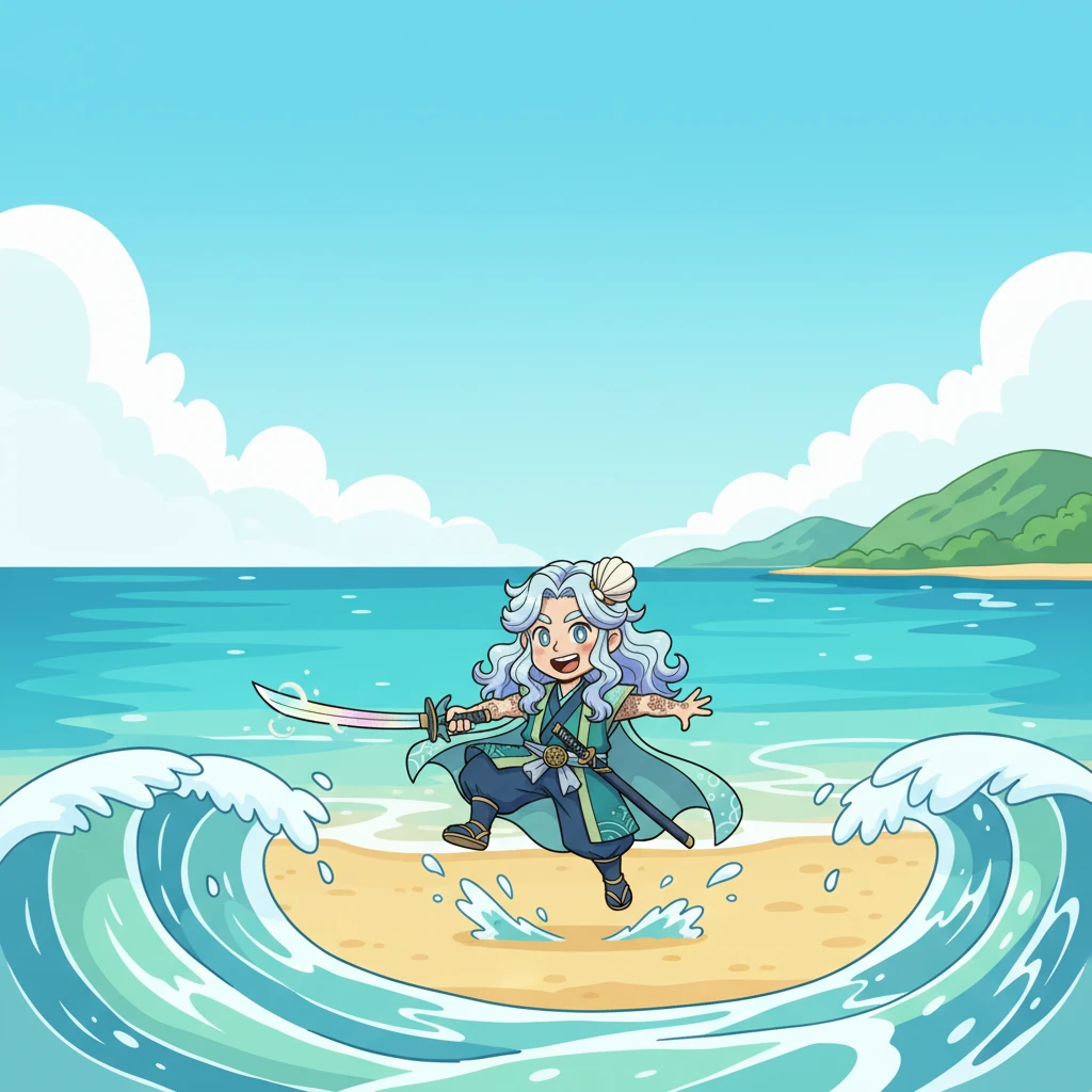 Not discouraged, Kojiro watched the waves more closely, learning their rhythm and flow. He started to anticipate their movements, dodging and weaving with newfound grace. His clumsy swings transformed into nimble hops and spins, making him feel like a true wave-dancer.
