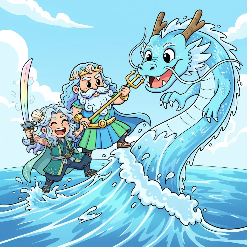 Impressed by Kojiro's quick learning and joyful spirit, Poseidon created a magnificent 'wave-dragon,' its foamy head towering playfully. It wasn't scary, but a grand, sparkling challenge for Kojiro to 'defeat' with his improved skills.