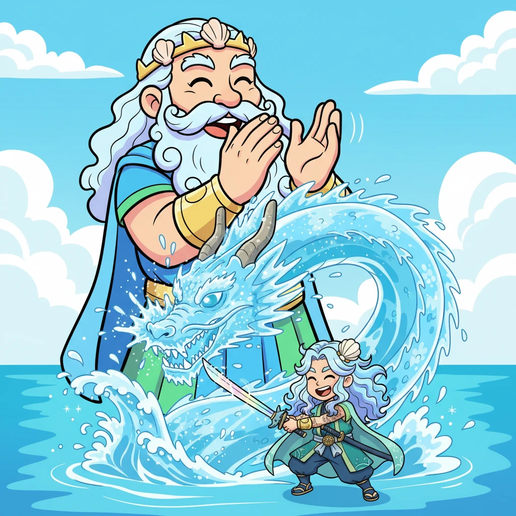 With a mighty, pretend roar and a perfectly timed swing, Kojiro 'sliced' through the heart of the wave-dragon! The magnificent creature dissolved into a cascade of sparkling foam and gentle mist, leaving Kojiro laughing triumphantly as Poseidon clapped his gigantic hands in delight.