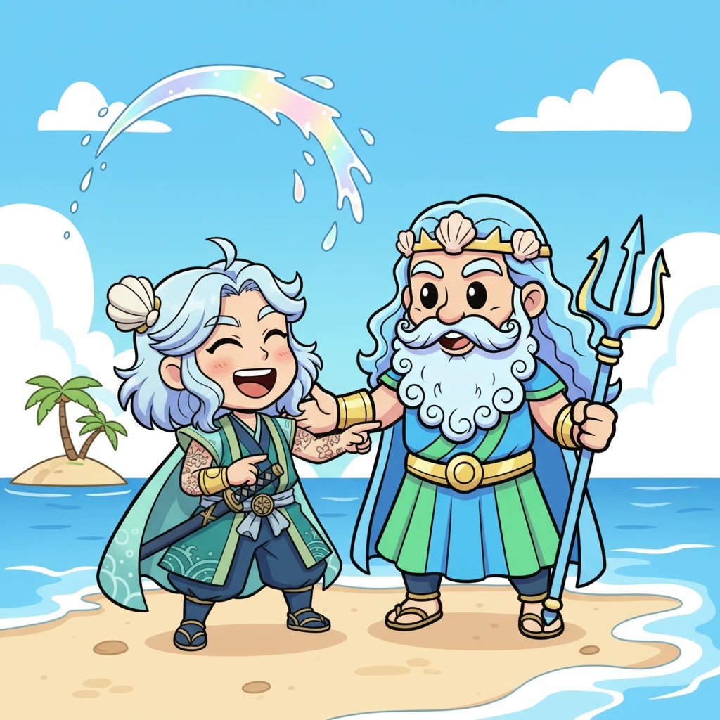 Kojiro and Poseidon shared a moment of happy camaraderie, the little samurai beaming up at the friendly Sea God. Kojiro knew his practice made him stronger, and he had learned that even the mightiest beings could be the best of friends. His dream of greatness felt closer than ever, filled with laughter and ocean spray.