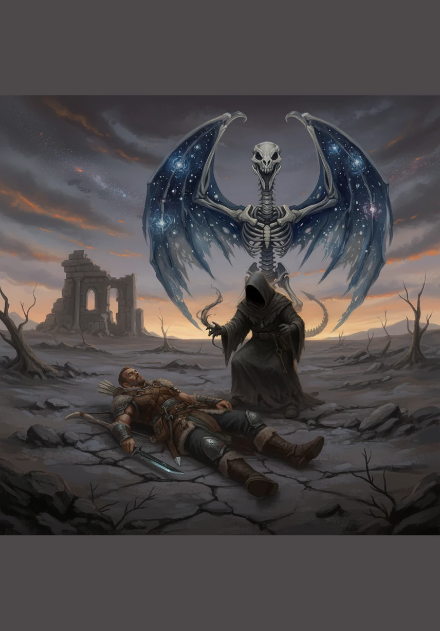 Kaelen awakens in the Ashlands, surrounded by the rusted remains of colossal swords that pierce the grey sky. A crimson moon hangs low, casting long, jagged shadows across the desolate, ash-covered plains.