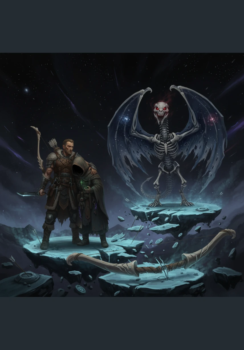 After a grueling struggle, Kaelen is finally overwhelmed, his physical form dissolving into a cloud of golden embers. These fragments of light drift through the dark void, drawn back to a pulsing ancient monolith that serves as his eternal tether to the world.