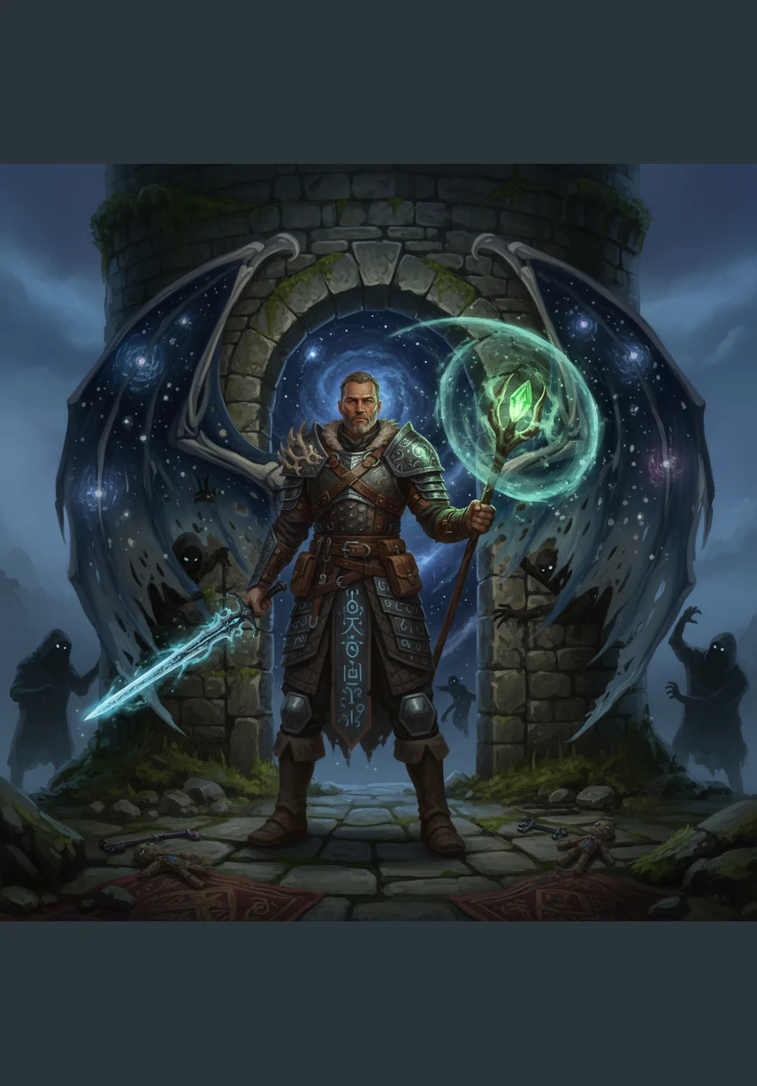 Reborn and wiser, Kaelen scavenges glowing crystals from the earth to fortify a crumbling stone tower. He hammers iron and magic together, crafting a sanctuary and new tools to survive the horrors that roam the night.