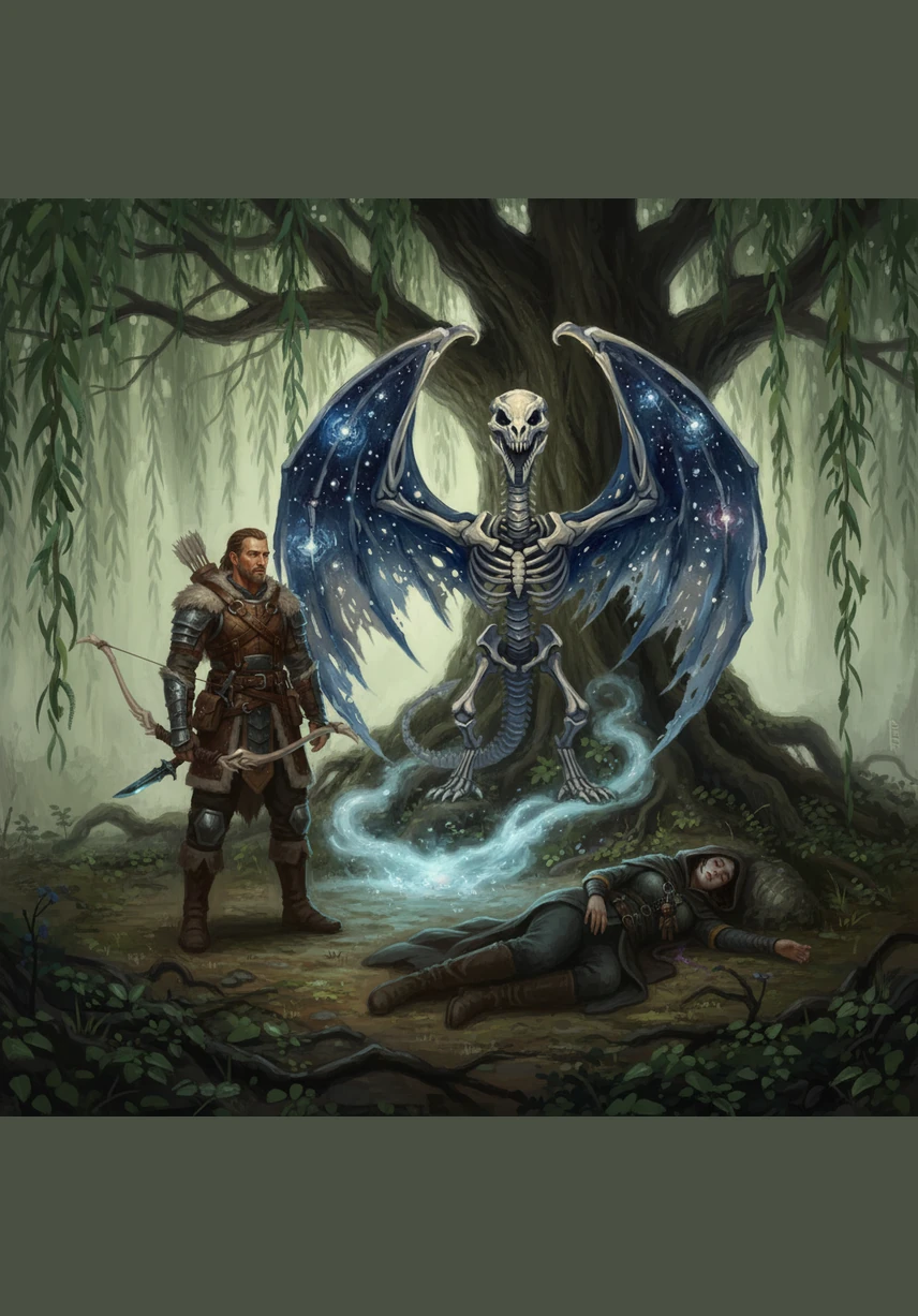 In a hidden alcove beneath a weeping willow, Kaelen meets a hooded merchant who trades in forgotten whispers and cursed artifacts. He exchanges a fragment of his own memory for a powerful bow carved from the bleached bone of a fallen god.